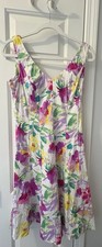 Chaps Sleeveless Floral Dress White Cotton Blend V-Neck Pleated Fit & Flare Sz 6