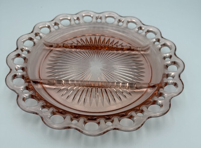 Vintage Hocking Glass ''Old Colony'' Pink Depression Glass Open Lace Relish Plate
