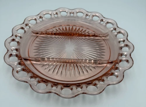 Vintage Hocking Glass "Old Colony" Pink Depression Glass Open Lace Relish Plate