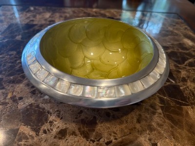 Julia Knight Classic Kiwi Green Enamel Mother of Pearl Mosaic Bowl Signed 2007
