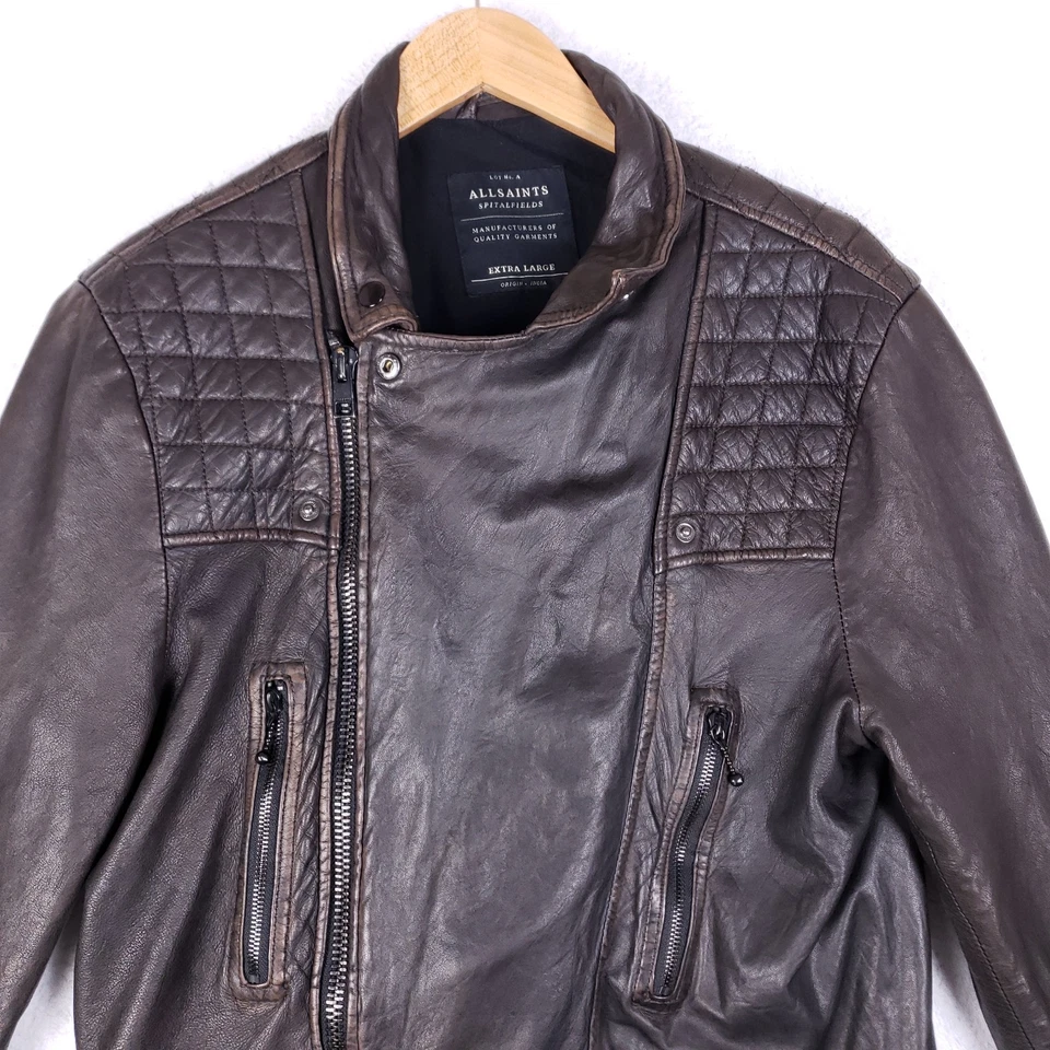 Chaqueta de moto AllSaints Spitalfields de cuero acolchada marrón XL motociclista envejecida Foto 2 de 4