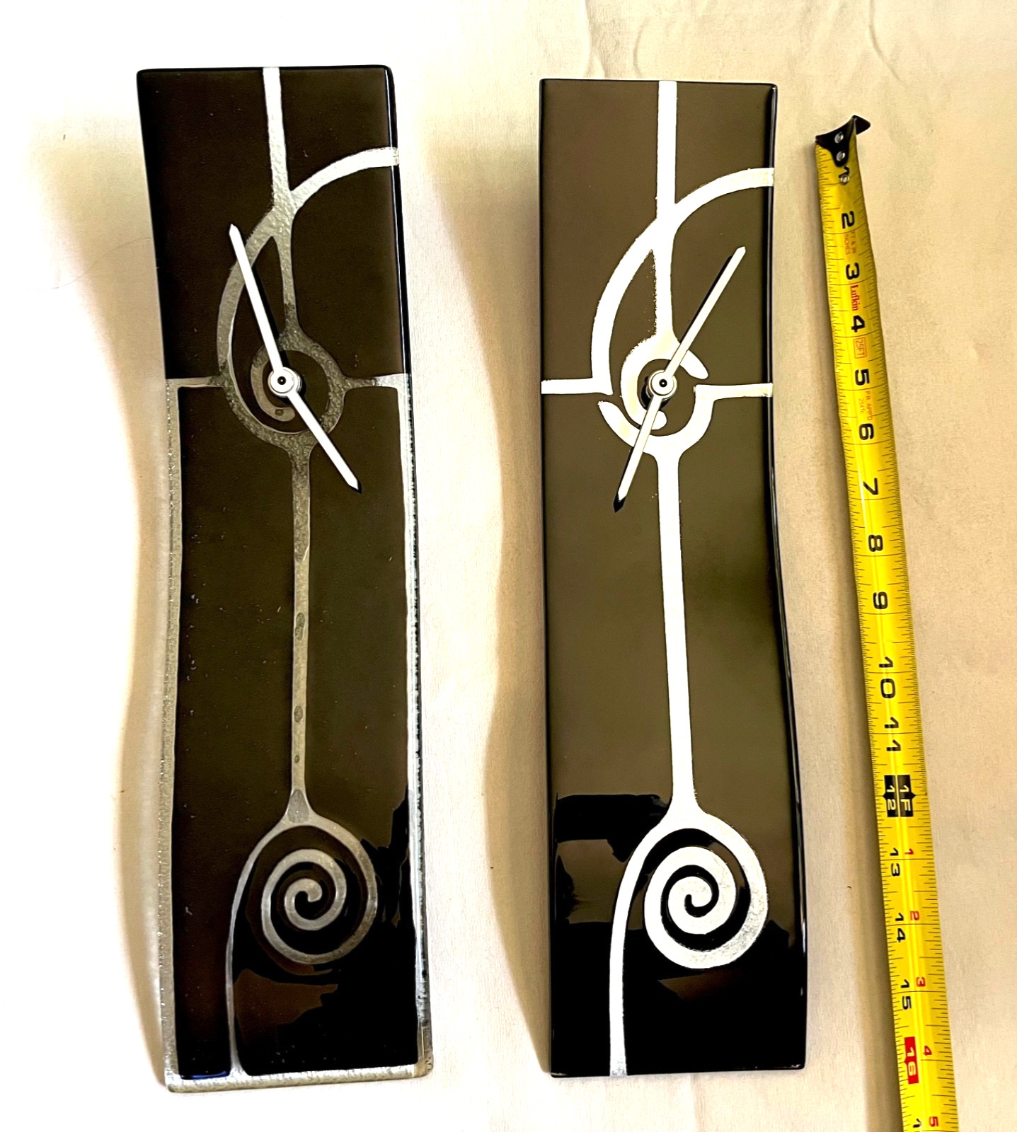 2 River City Clocks Black and White Art Glass, Wall or Free Standing 16" x 4"