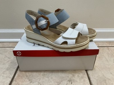 Rieker Rose Women's Light Blue White Wedge Leather Sandals Size 41 (9.5)