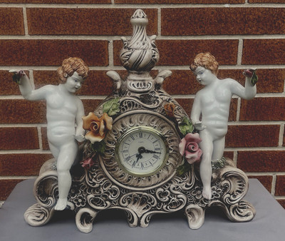 Vintage Capodimonte Porcelain Floral Mantel Clock w/ Cherubs