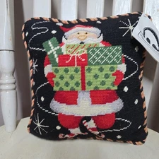Stephanie Stouffer Needlepoint Santa Holding Presents Pillow  12" x 12"