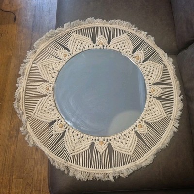 VTG XL Macrame Beaded Circular Mirror 24'' EUC Boho
