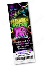 Sweet 16 GLOW in the Dark Theme NEON Birthday Party Invitation TICKET 2.5x7