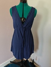 Blue Sleeveless Mini Dress V Neck Tie Waist Stretch Rayon Casual Summer S/M