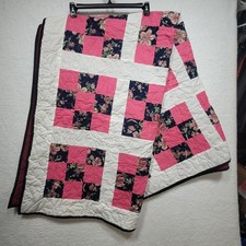 Handmade Patchwork Quilt Floral Pink Navy Checkerboard 68x84 Full/Throw Size