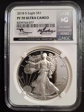 2018 S PROOF SILVER EAGLE NGC PF70 UCAM MERCANTI GAUDIOSO LIMITED DUAL SIGNED 