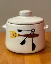 Vintage West Bend Ceramic Bean Pot with Lid and Utensil Pattern Made in USA 2QT