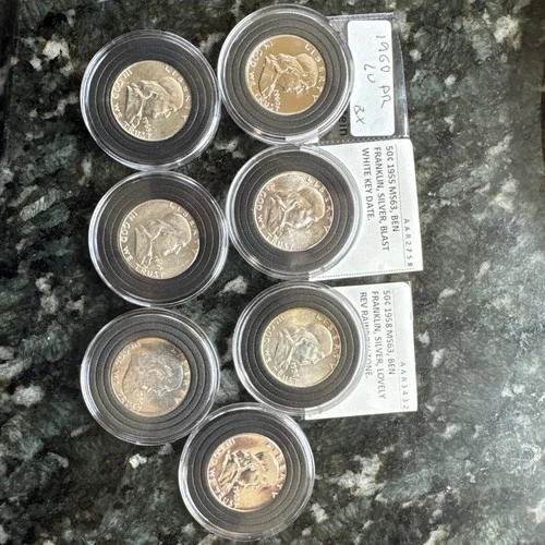 Franklin Half Dollar Lot Of 7 STUNNING Coins 1960, 1963, 1955, 1958 Blast UNC