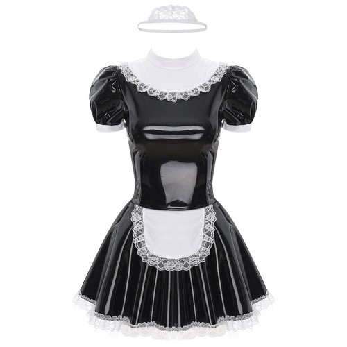 Women's Wet Look PVC Leather French Maid Costume Outfits Dress Apron Fancy AU - Picture 8 of 79