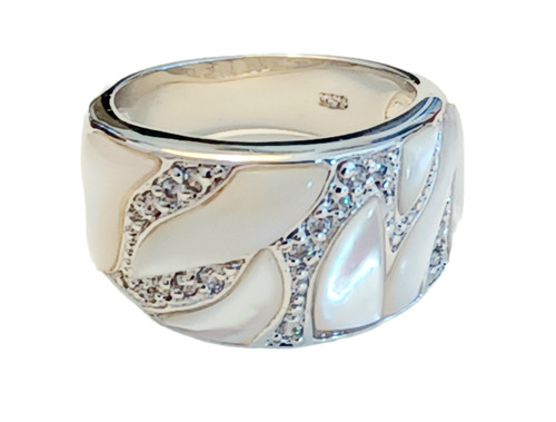 RS Covenant Size 8.5 Mother Of Pearl Clear CZ Crystals Silver Tone Ring