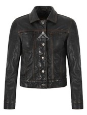 Women's Trucker Classic Black Wax Leather Jacket Western Style Denim Look Jacket