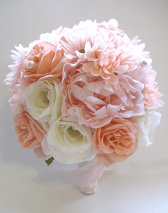 Wedding-Bouquet-Silk-Flowers-Bridal-PINK-PEACH-BLUSH-CREAM-17-pc-Bridal-package