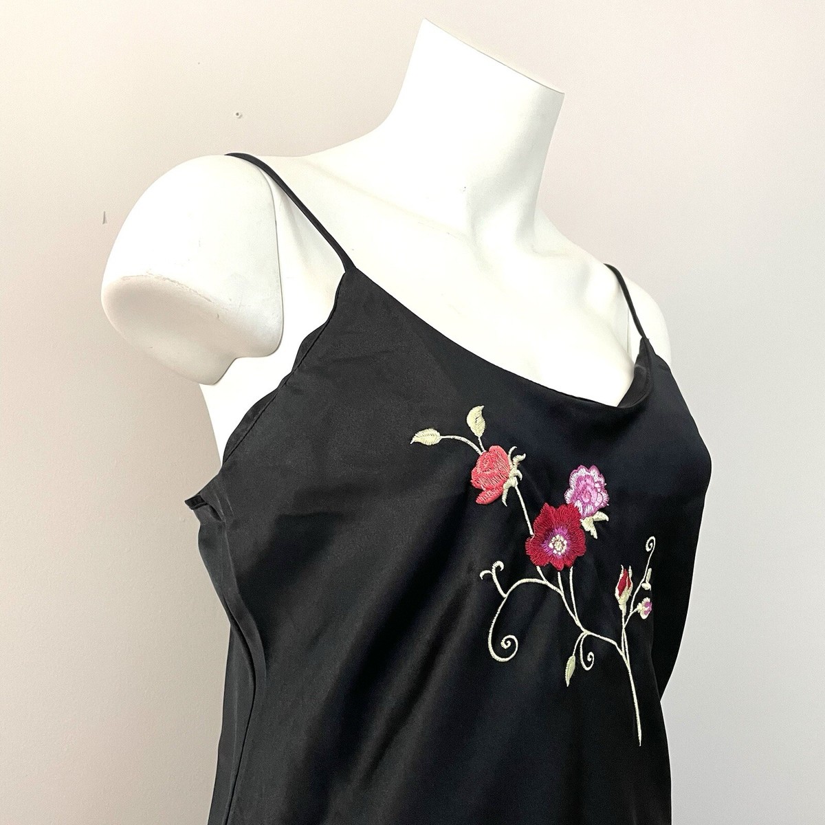 Vintage 90s Black Satin Floral Embroidered Slip Dress Size Small LA  Intimates | eBay