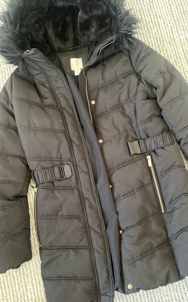 H&M Parka Puffer Jacket Women's Black Faux Fur Lined Hood Pockets