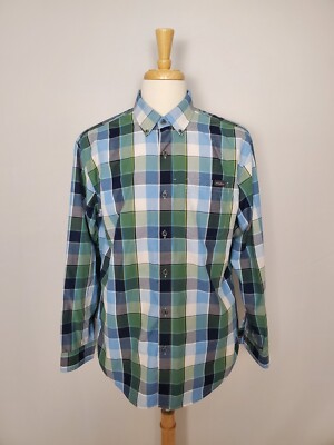 Eddie Bauer AV Green & Blue Checked Button Up Shirt Men's Classic Fit Large