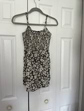 Green White Floral Smocked Mini Dress Strappy Sleeveless Square Neck A-Line