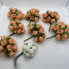 Mini Rose Buds w/ Leaves Bouquet DIY Crafts - 7 bunches peach, 1 white polyester
