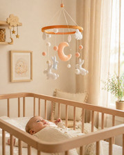 Felt Bunny Moon Crib Mobile, Neutral Nursery Decor, Handmade Baby Shower Gift