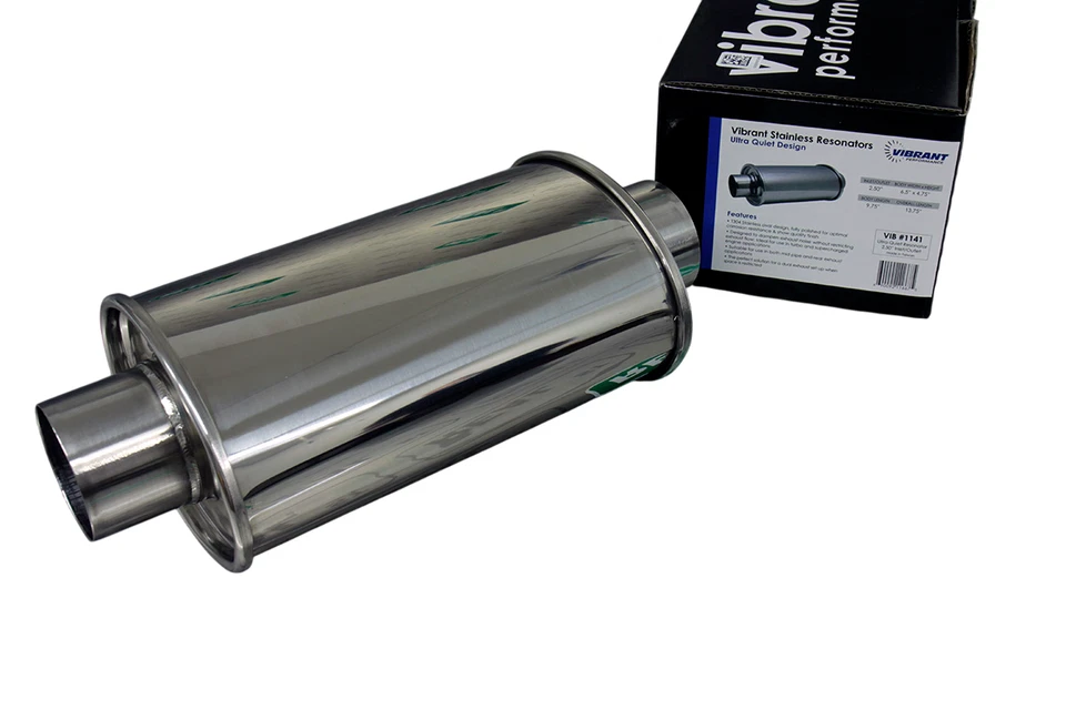 Resonador ultra silencioso Vibrant 1141 2,5" entrada/salida - 14" de longitud - inoxidable Foto 2 de 3