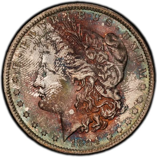 MS64 1884-O $1 Morgan Silver Dollar, PCGS Trueview- Nicely Rainbow Toned