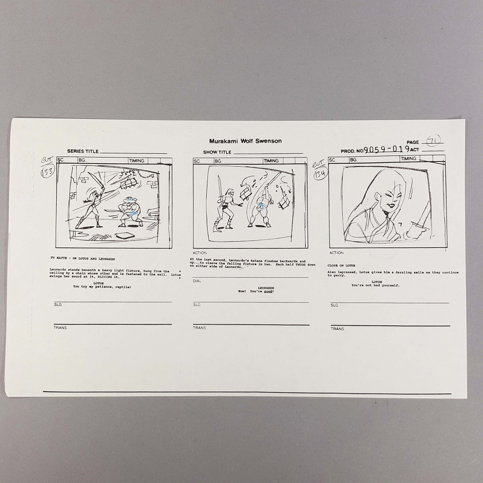 TMNT Production Used Storyboard Lotus Slices Fixture, Leonardo Impressed, COA