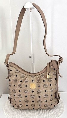 Authentic MCM Visetos Monogram Beige Large Shoulder Hobo Bag Gold Hardware