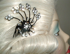VINTAGE BLACK METAL WHITE RHINESTONE 2" FRENCH SIDE HAIR COMB