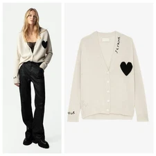 Women Zadig & Voltaire V-Neck Embroidery Love Cashmere Wool Knitted Sweater SML