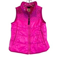 Lands End Kids Pink Quilted Puffer Vest Floral Embroidery Size M 5-6 Full Zip