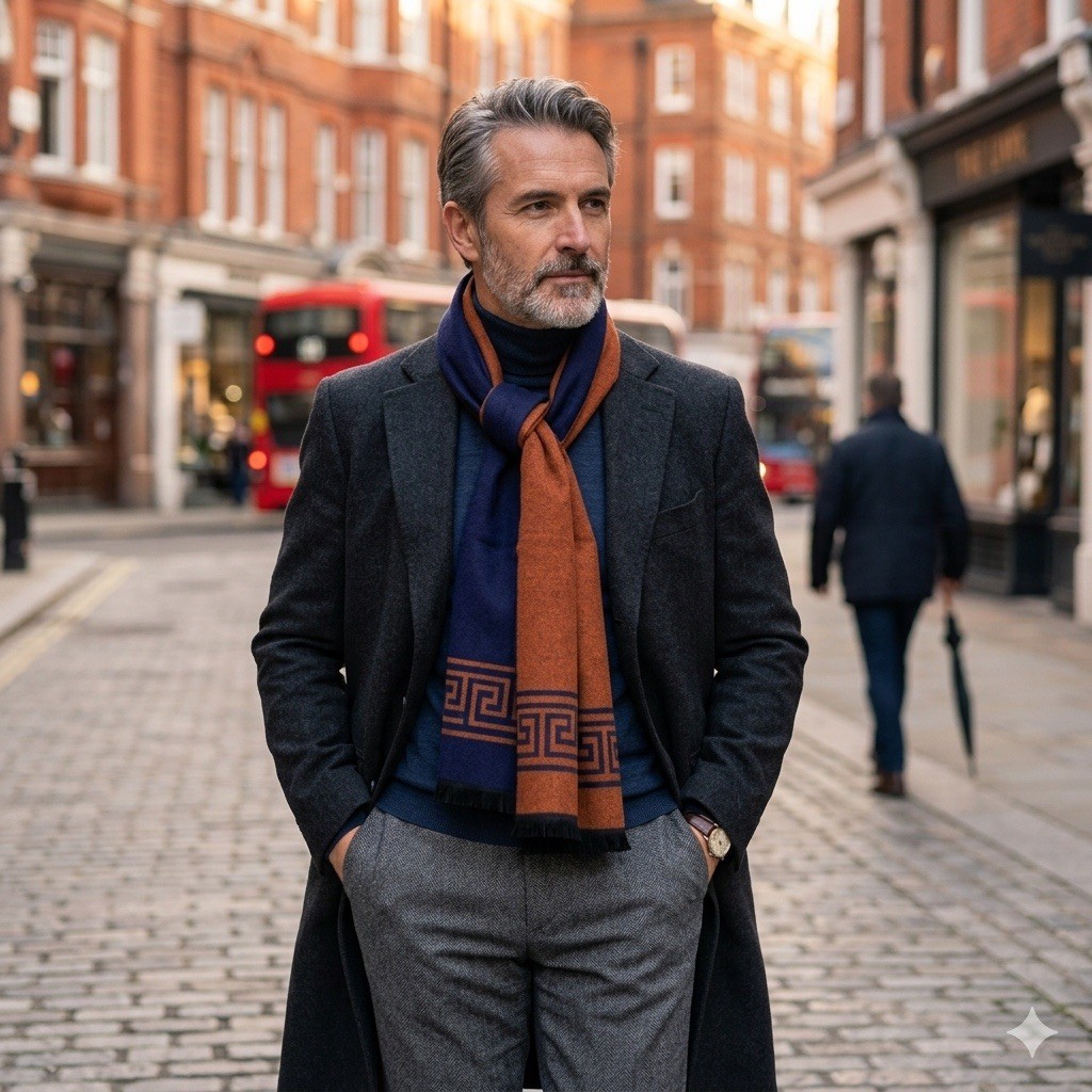 Men’s Reversible Scarf Navy Blue & Rust Greek Key Pattern Soft Large 180cm image 2
