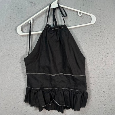 Jonathan Simkhai Womens Size Medium Black Halter Top W/ Ruffle Hem Linen Blend
