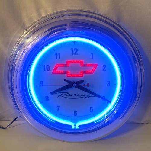 Chevrolet Racing Neon Wall Clock With Red Bow Tie Mancave Garage Shop - Works