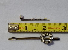 VTG - 2 - Hair Pins / Bobby Pins - Clear Prong set Rhinestones - Faux Pearl