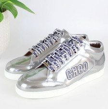 New JIMMY CHOO Miami Logo Metallic Low-Top Leather Sneakers, Silver EU 37