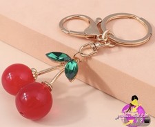 Cute Cherry Keychain with Red Beads  Green Rhinestone Leaves for Women