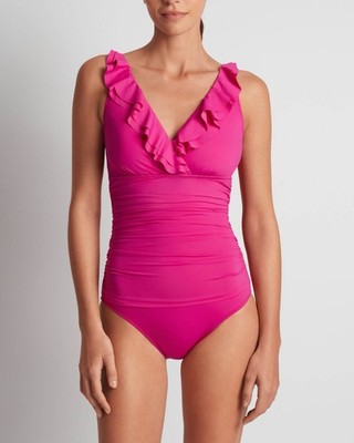 Lauren Ralph Lauren Beach Club Solid Ruffle Surplice One-Piece Swimsuit Pink