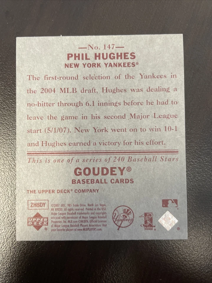 2007 Goudey #147 Phil Hughes RC Red - $1 SHIPPING - Image 2 of 2