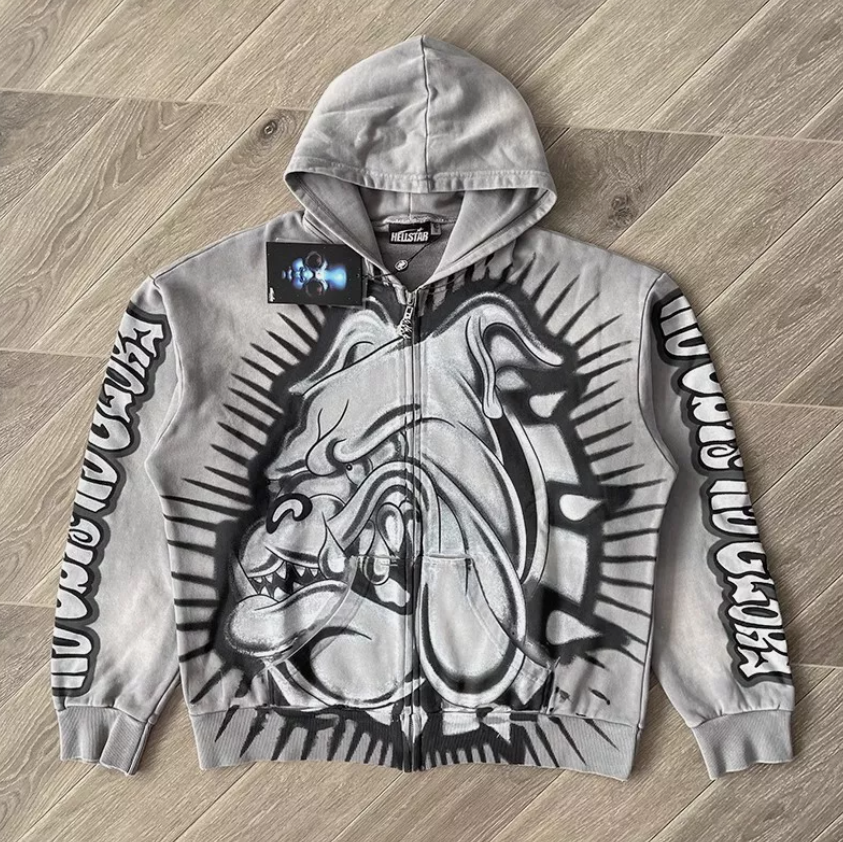 Hell Studios star Bull Dog Zip Up Hoodie Dog Head Print Zipper Men