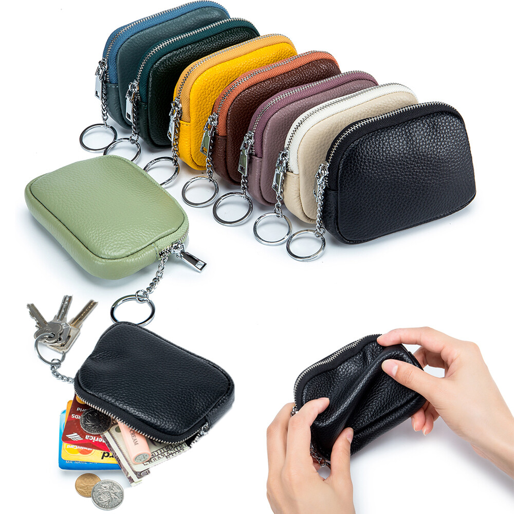 Women's Genuine Leather Keychain Wallet - Small Zipper Coin Purse & Card Holder