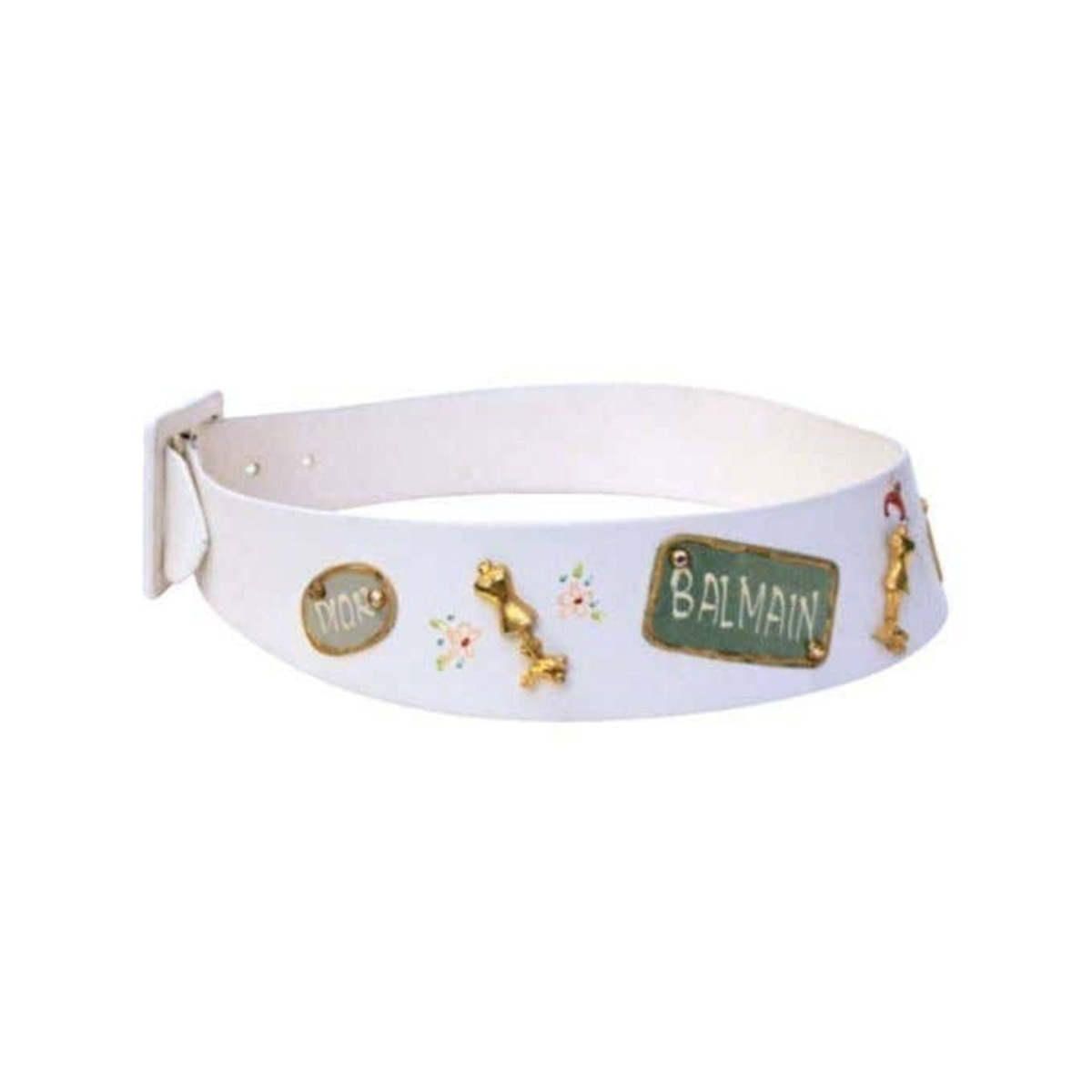 Saks Fifth Avenue White Leather Belt with Gold Chain & Spike Detail SAKS FIFTH AVE Novelty Belt, White Leather w/ Designer  main image 2
