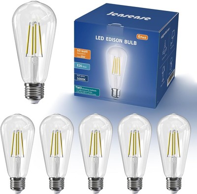 Edison LED Light Bulbs 8Watt Dimmable 6 Pack, 5000k Daylight White 