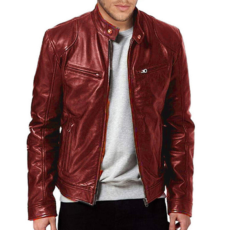 Mens Retro Leather Jacket Motorcycle Stand Collar Biker Coat Zip