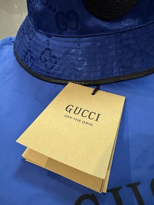 Gucci-NWT-Off The Grid Bucket Hat w/Dustbag-Blue GUCCI $675 Blue Cotton GG Shadow Bucket Hat New And  main image 3