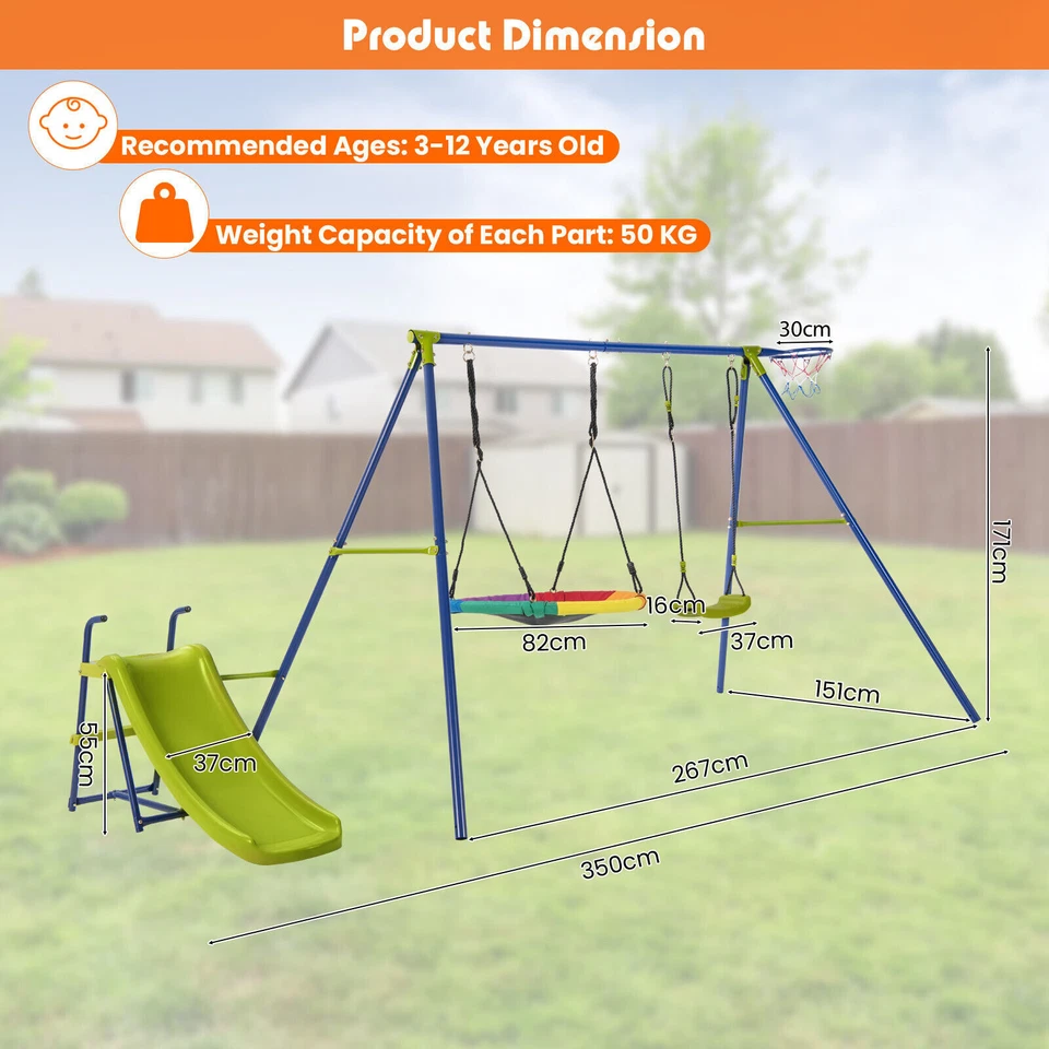 4-in-1 Outdoor Kids Swing Set Heavy-Duty Backyard Metal Playset with Slide - Image 2 of 4
