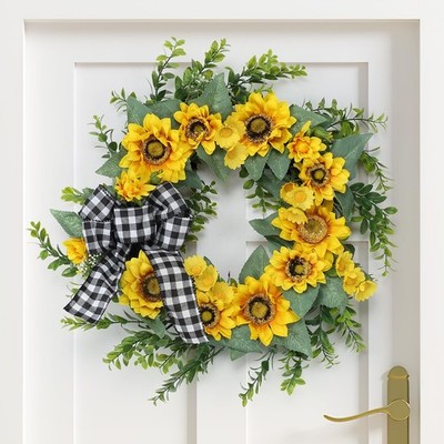 18 Inch Spring Wreaths for Front Door, Artificial Summer Sunflower Wreath wit...