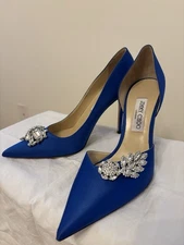 JIMMY CHOO Blue Satin Heels with Crystal Embellishments